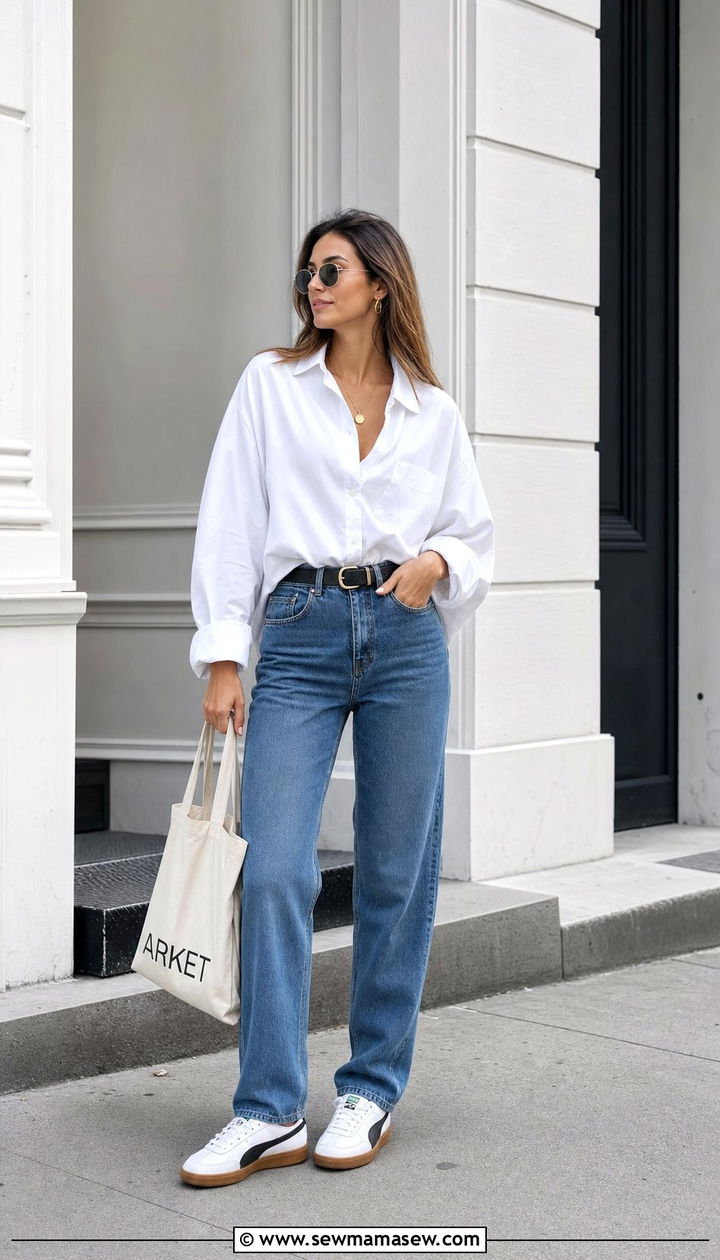 White Palermo with straight leg jeans and oversized button down - 25 Sporty chic outfit ideas with Puma Palermo