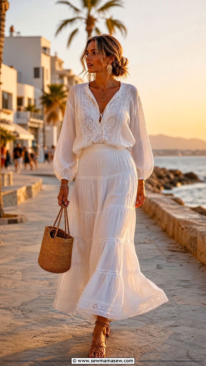 White Peasant Blouse and Tiered Maxi Skirt Outfit - 30 Summer white outfit ideas
