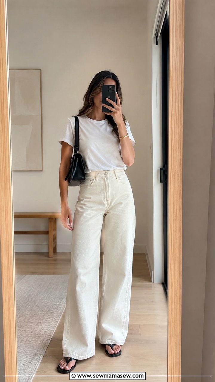 White Pima Cotton Tee Outfit with Wide Leg Ecru Jeans - 30 Quiet luxury spring outfits