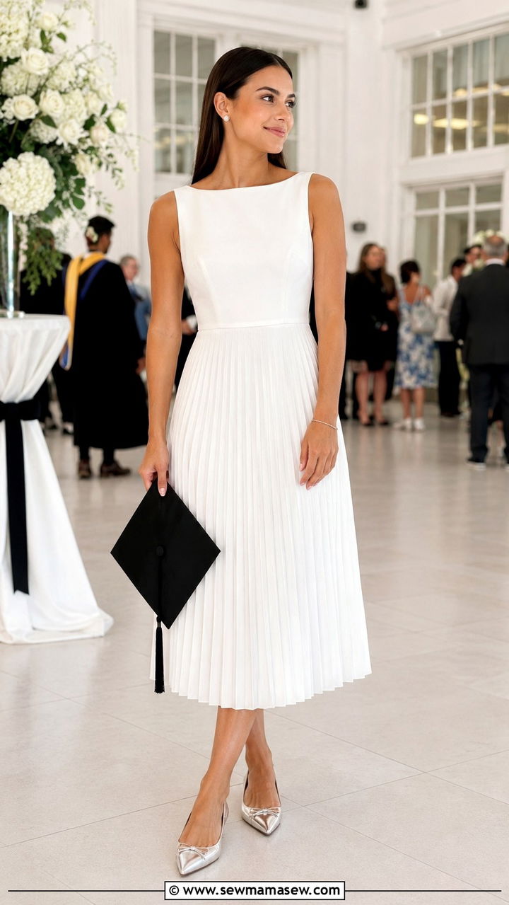 White Pleated Midi Dress With Pointed Toe Flats - 25 White graduation dress ideas