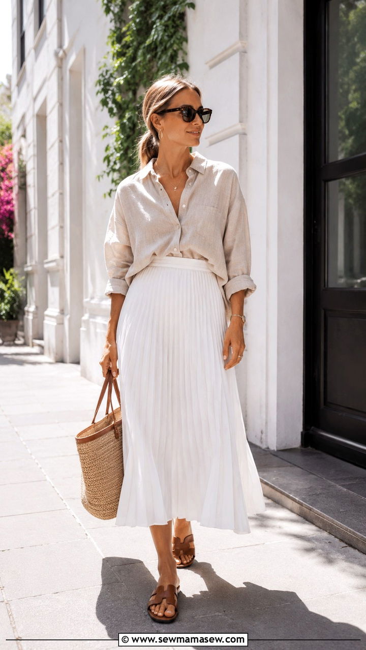 White Pleated Midi Skirt With Oversized Linen Shirt - 30 Spring outfits with skirts