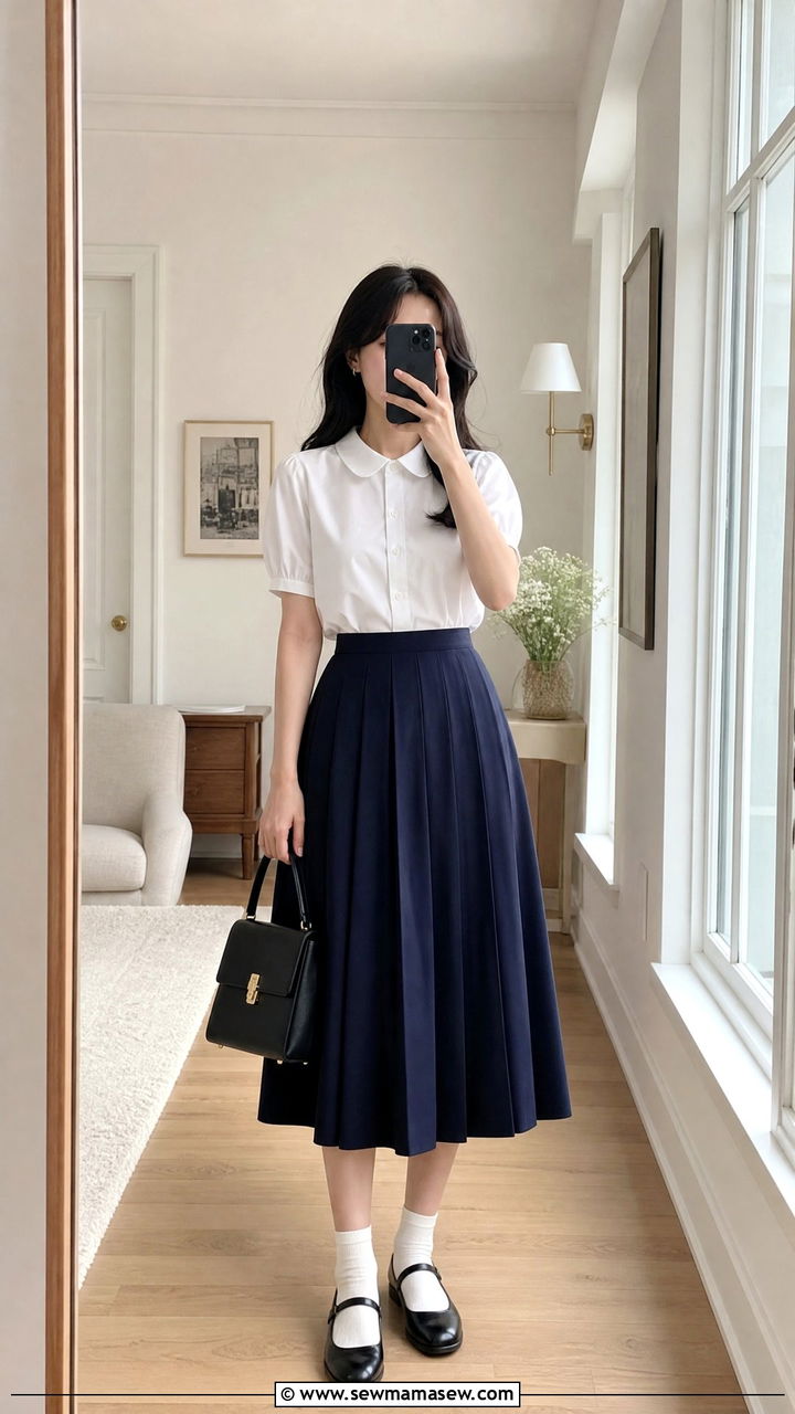 White Poplin Blouse With Navy Pleated Skirt and Leather Mary Janes - 30 summer light academia outfits
