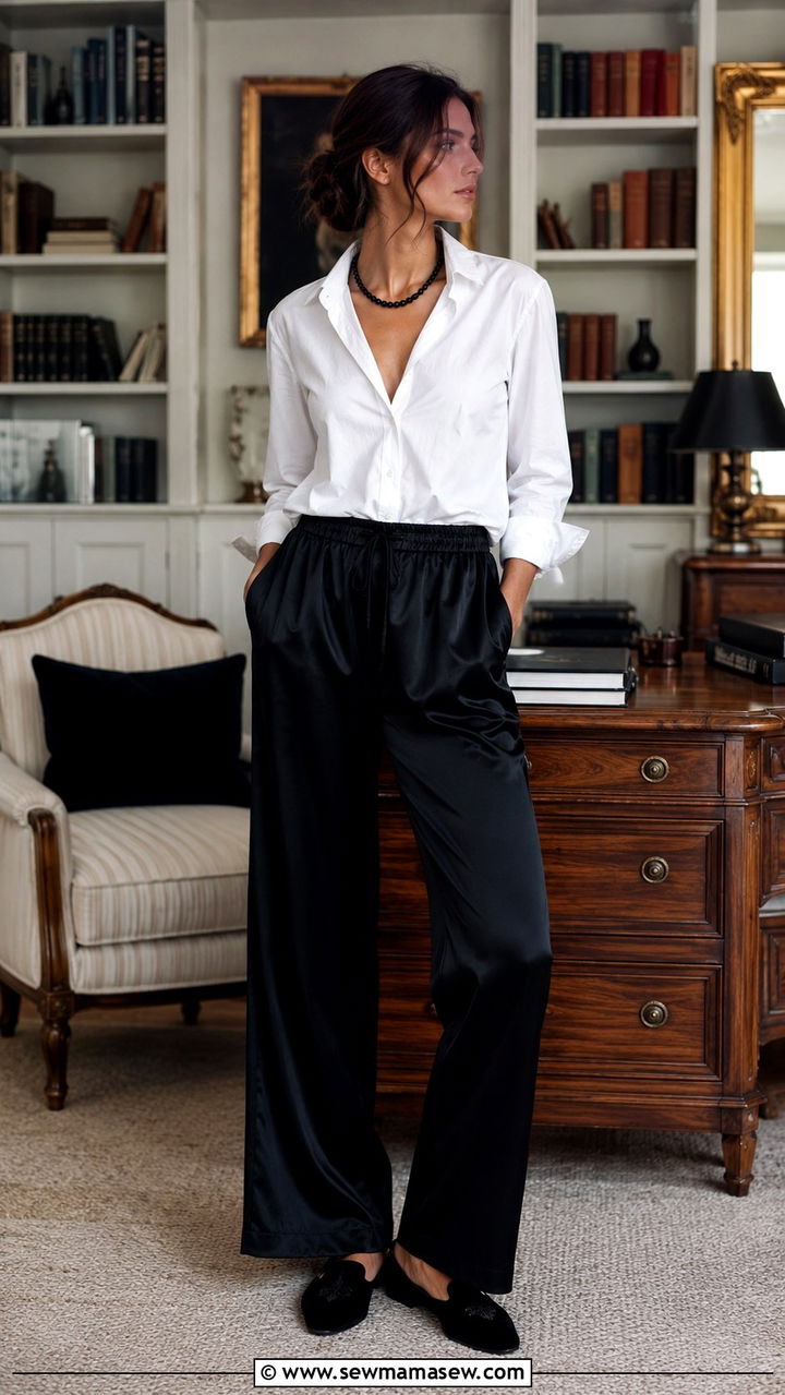 White Poplin Button Down And Black Silk Trousers - 20 Old money loungewear outfit ideas
