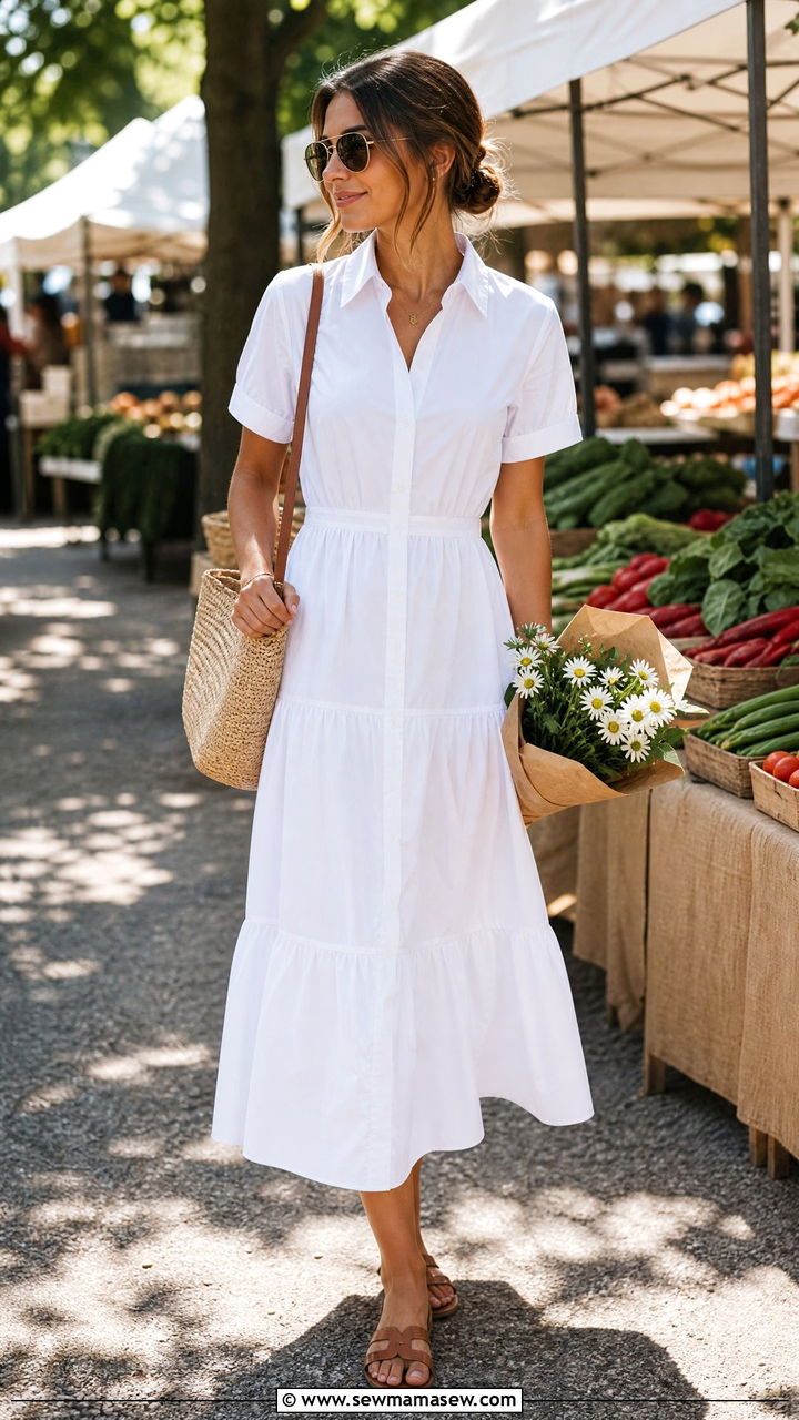 White Poplin Dress With Aviator Sunglasses and Flat Sandals - 30 Late spring outfits