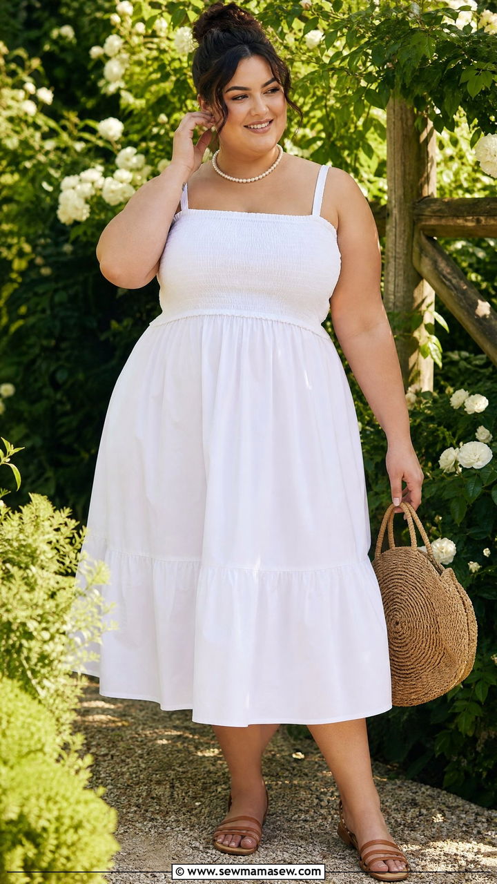 White Poplin Midi Dress and Flat Sandals Summer Outfit - 30 Clean girl outfits plus size