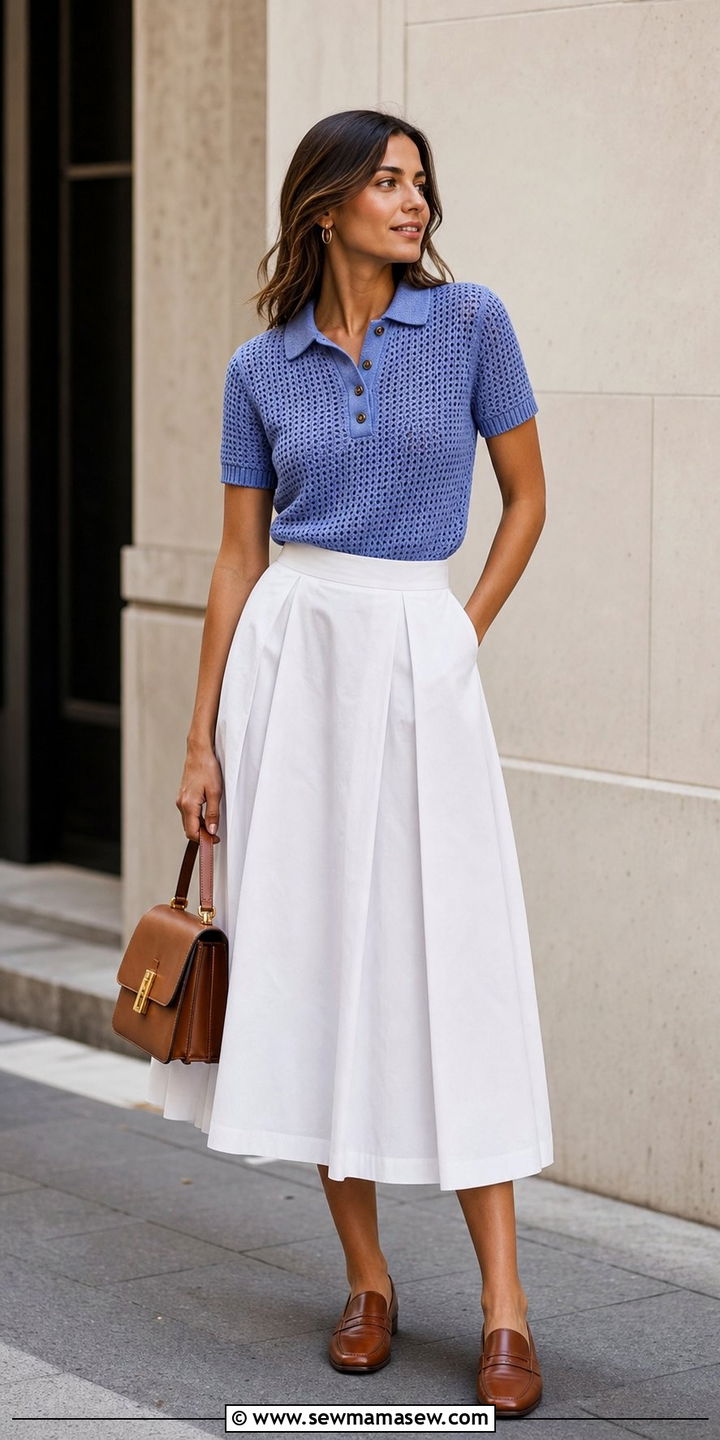 White Poplin Midi Skirt With Crochet Polo Outfit - 25 Spring outfit templates