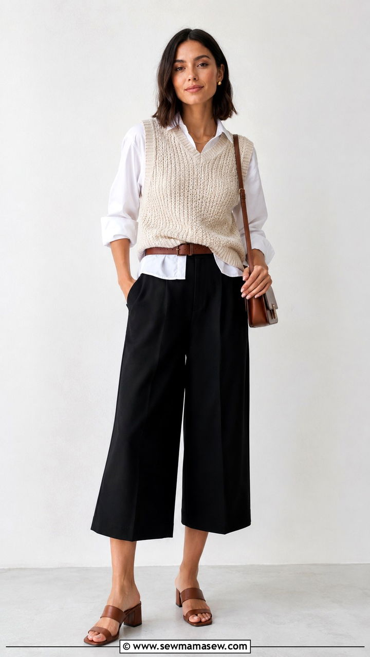 White Poplin Shirt With Culottes And Block Heels - 30 classy fashion inspo outfits