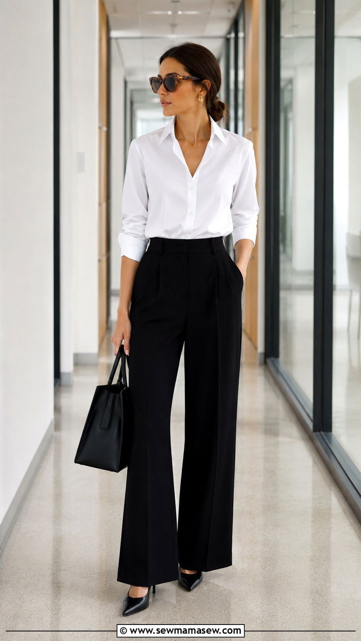 White Poplin Shirt With High Waist Wide Leg Trousers - 30 classy Pinterest outfits