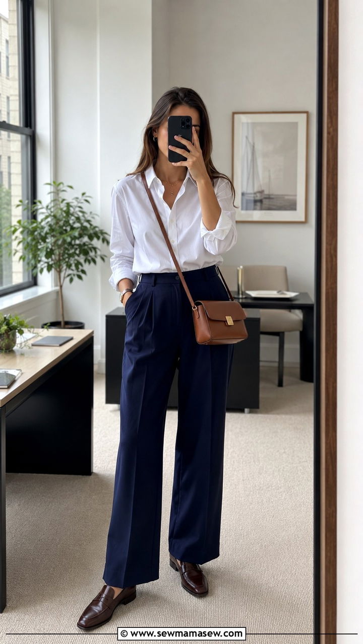 White Poplin Shirt With Navy Pleated Trousers Outfit - 30 casual quiet luxury outfits