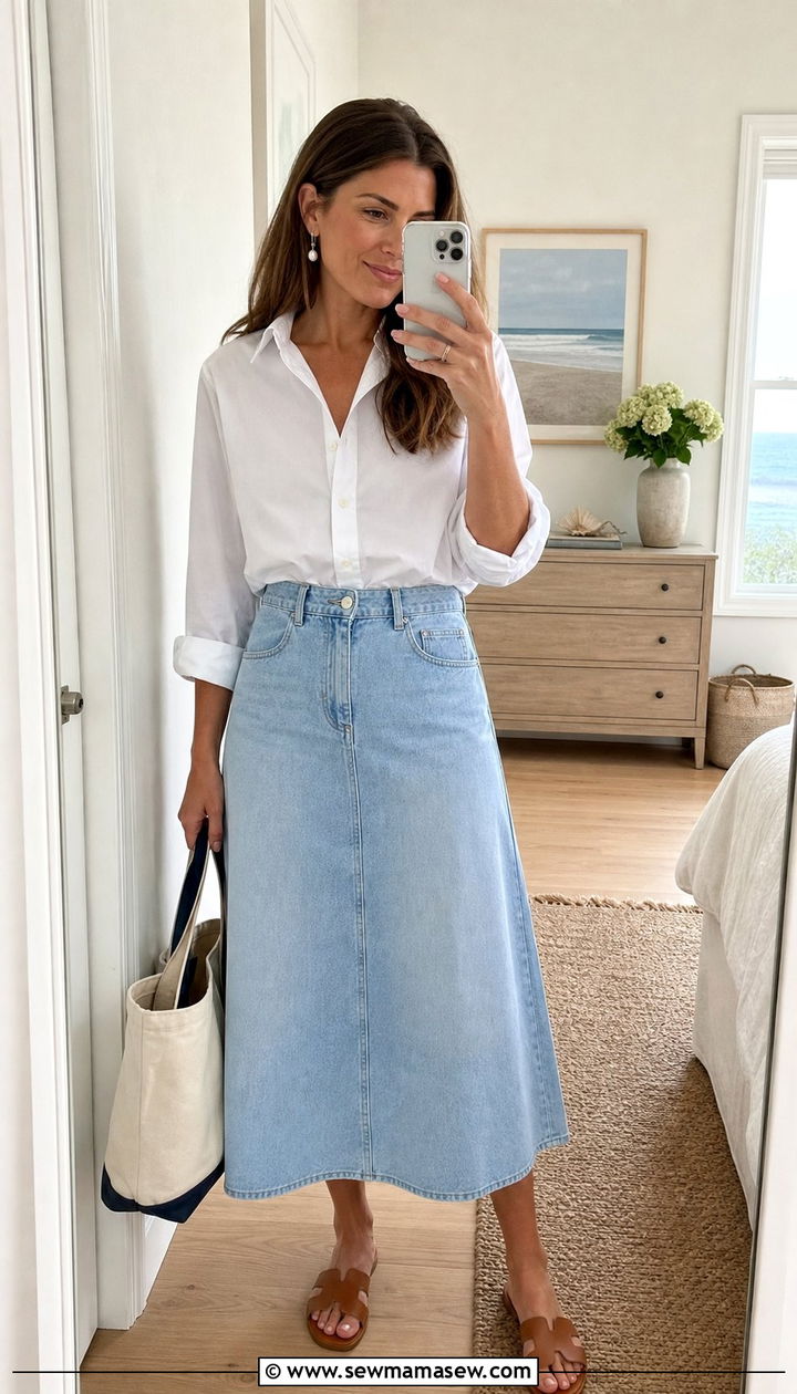White Poplin Shirt and A Line Denim Skirt - 25 Summer coastal grandmother outfits 2026
