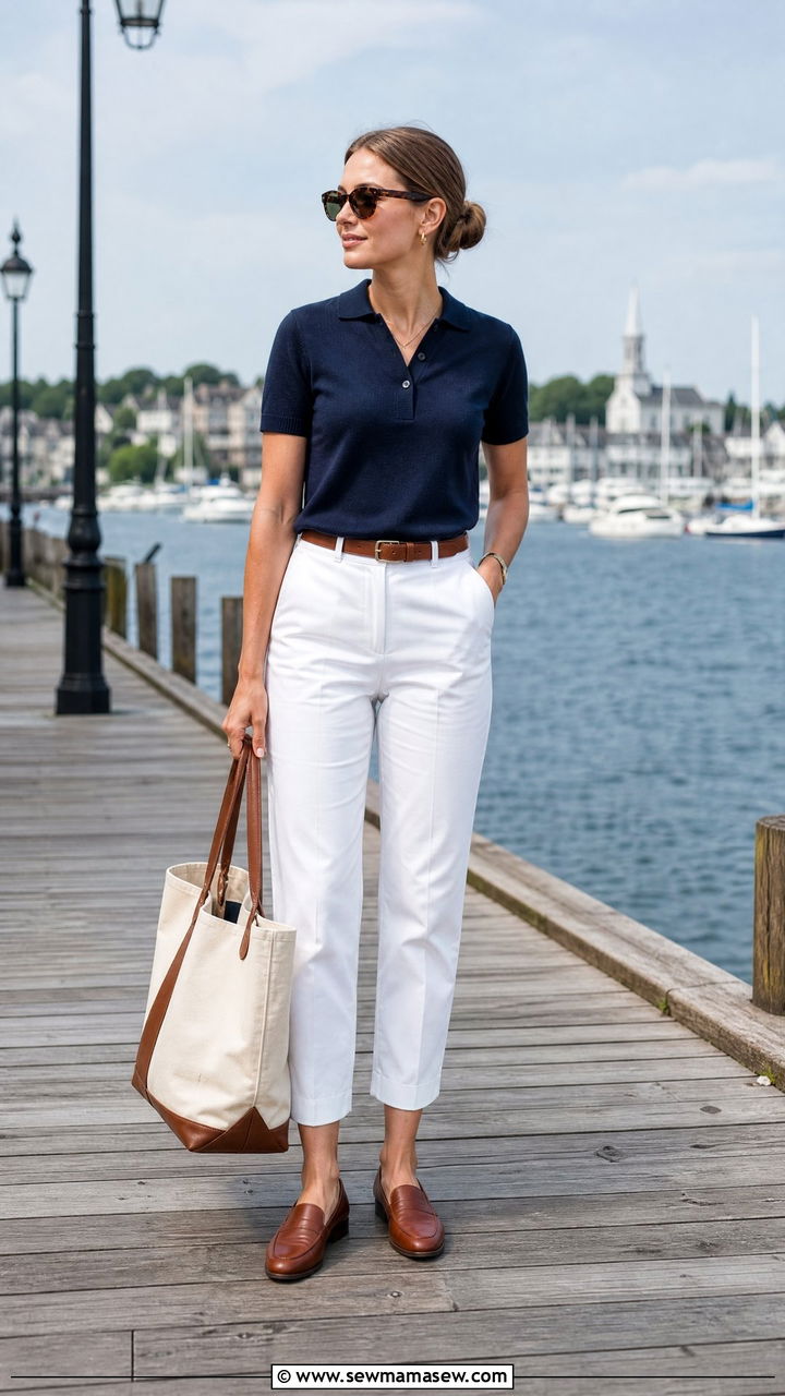 White Poplin Trousers And Navy Knit Polo - 30 summer quiet luxury outfit ideas