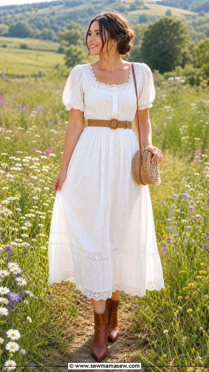 White Prairie Dress and Ankle Boots - 40 summer cottagecore outfits