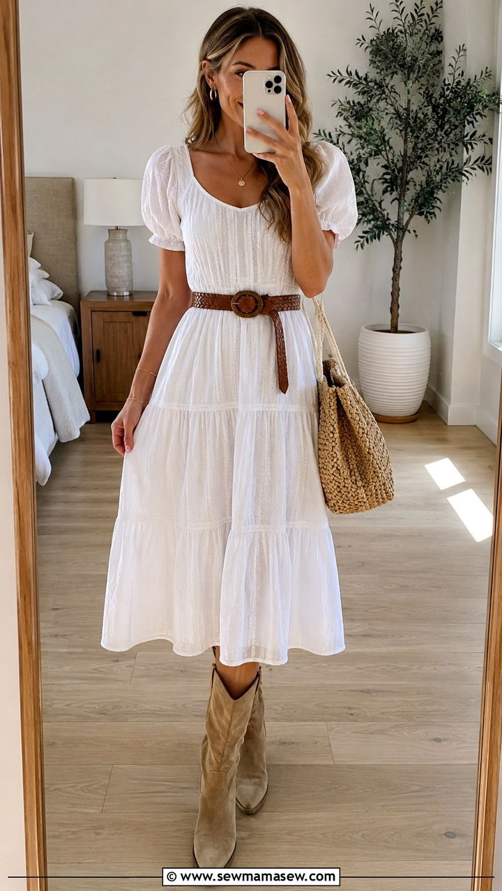 White Prairie Midi Dress With Cowboy Boots - 25 Boho outfit ideas with cowboy boots
