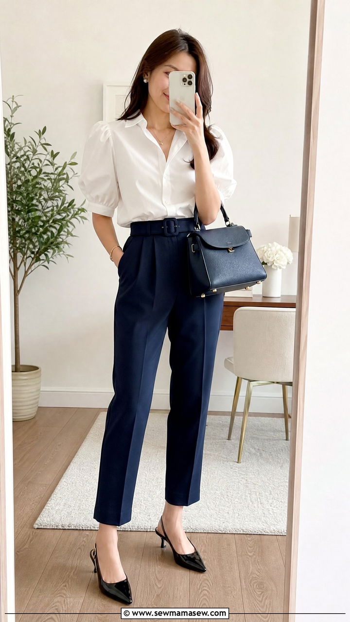 White Puff Sleeve Blouse With Navy Belted Trousers - 40 spring business casual outfits