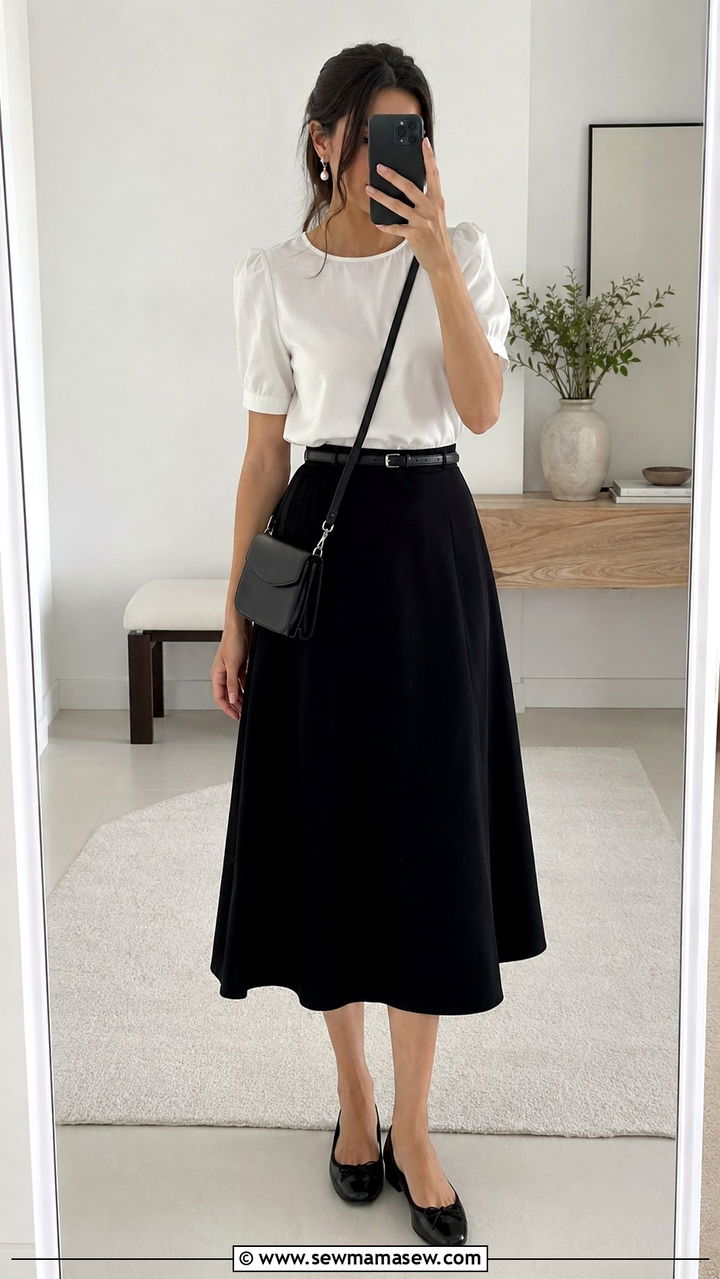 White Puff Sleeve Blouse and Black A Line Midi Skirt - 30 Modest outfit ideas clean girl