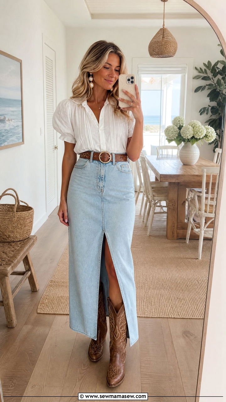 White Puff Sleeve Blouse with Denim Maxi Skirt - 30 coastal cowgirl capsule wardrobe outfits