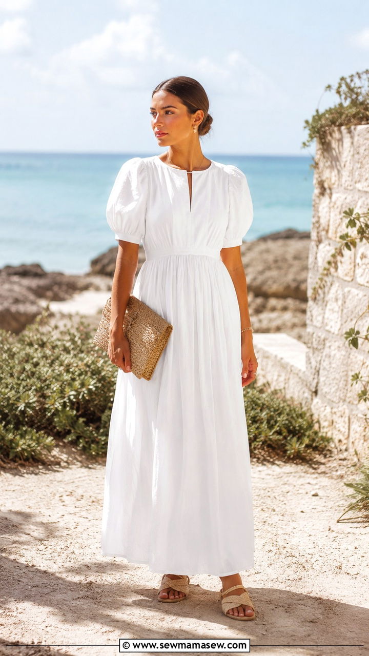 White Puff Sleeve Dress With Minimal Sandals - 25 Modest outfit ideas for humid weather