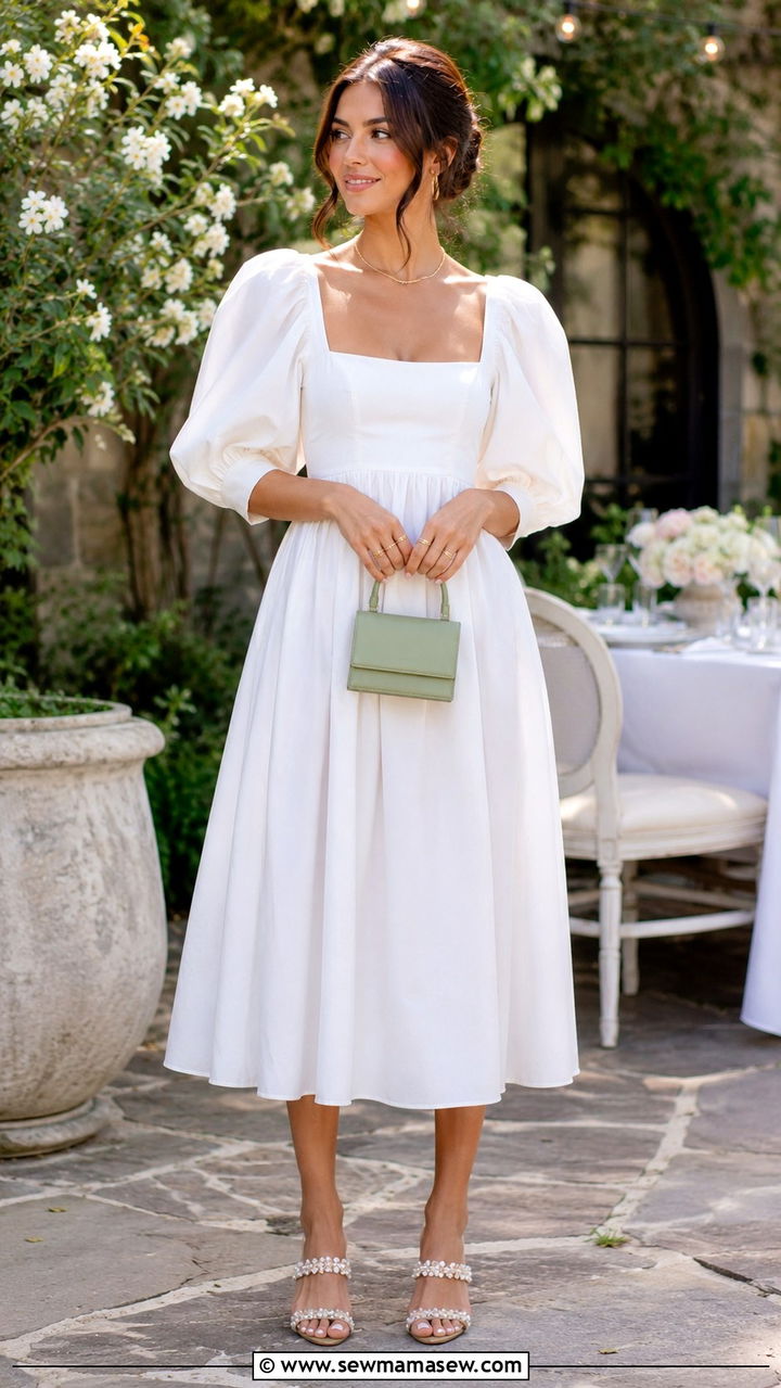 White Puff Sleeve Midi Dress - 30 Spring brunch outfit ideas 2026