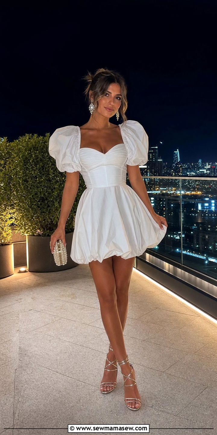White Puff Sleeve Mini Dress With Strappy Heels - 25 spring white dress outfit ideas