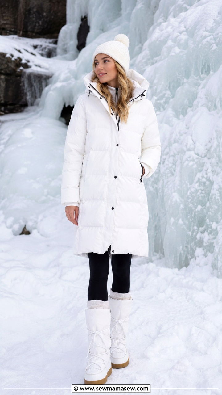 White Puffer Jacket with Black Leggings and Moon Boots - 30 Iceland outfit ideas
