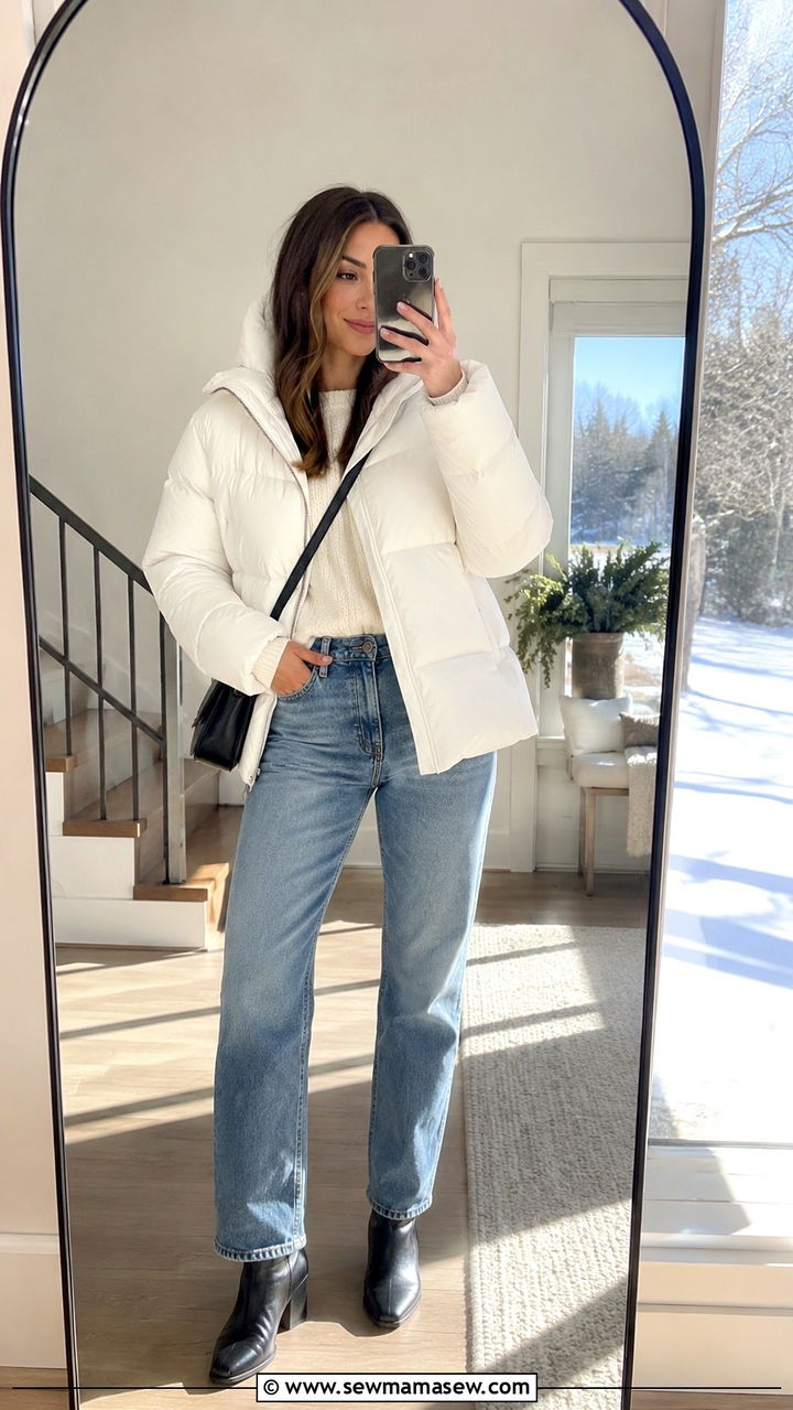 White Puffer With Straight Leg Jeans And Ankle Boots - 25 Puffer jacket outfit ideas cute