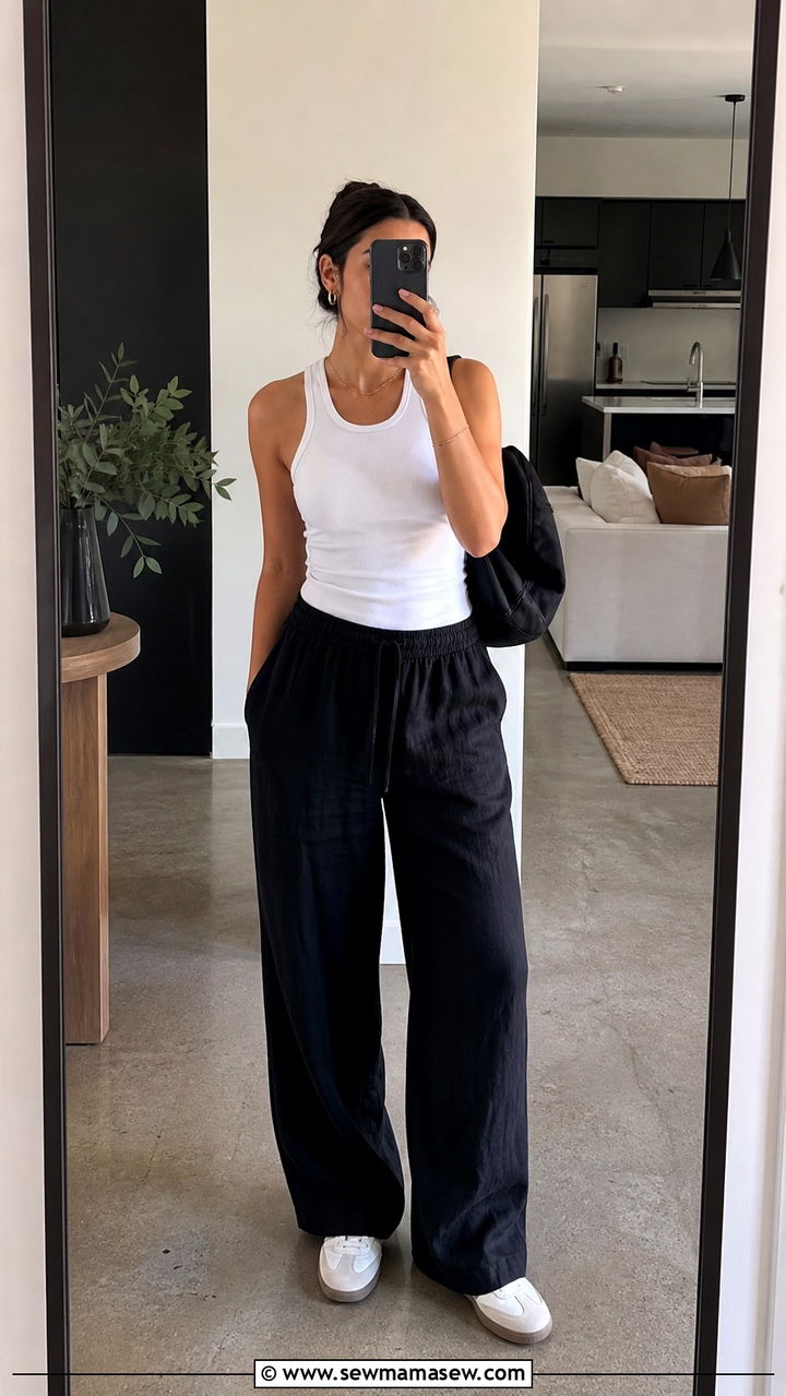 White Racerback Tank and Black Linen Trousers - 40 summer minimalist outfits