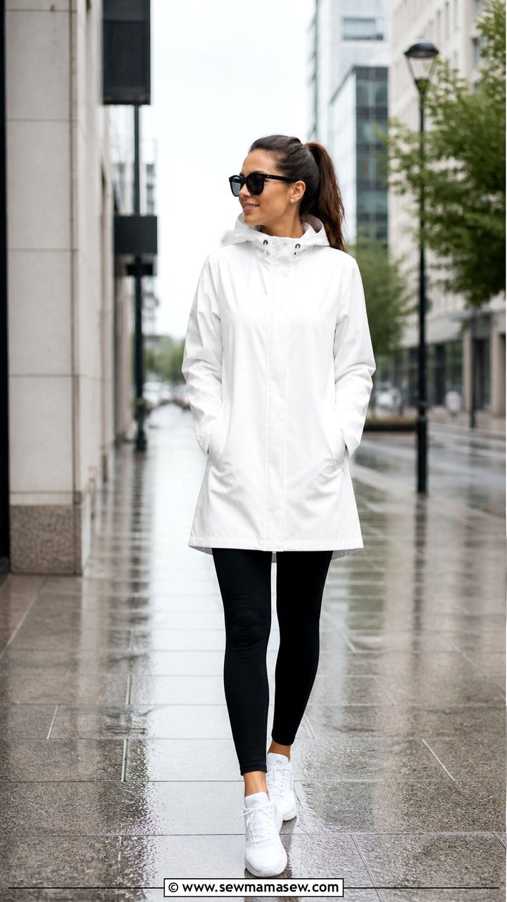 White Raincoat Over Black Leggings With Sneakers - 40 spring outfits for moms