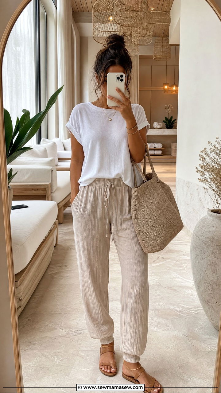 White Relaxed Tee With Beige Mousselin Pants - 30 Cozy spa day outfit ideas