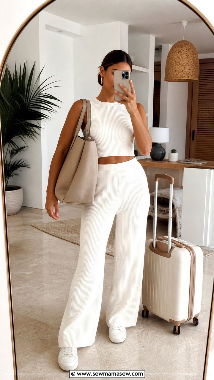 White Ribbed Knit Matching Set Outfit - 40 summer clean girl outfits