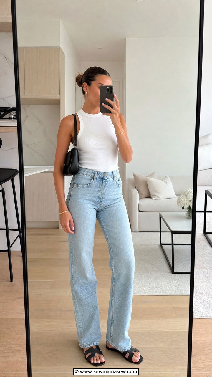 White Ribbed Tank With Light Wash Jeans And Black Shoulder Bag - 30 clean girl outfits ideas