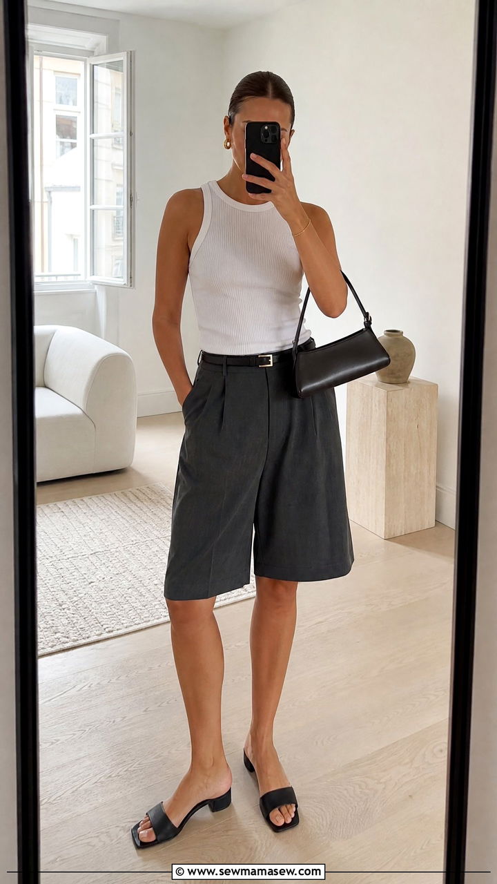White Ribbed Tank With Tailored Bermuda Shorts Outfit - 25 classy Copenhagen outfits