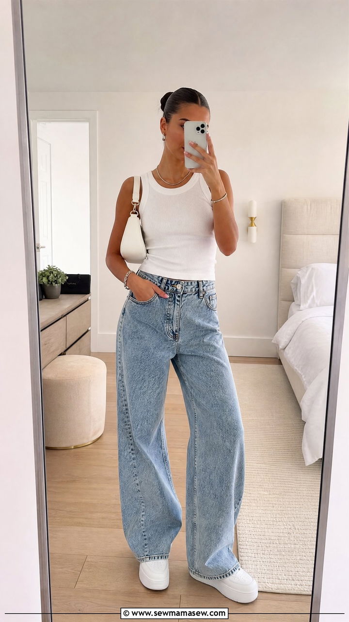 White Ribbed Tank and Acid Wash Wide Leg Jeans Outfit - 25 classy clean girl outfit ideas