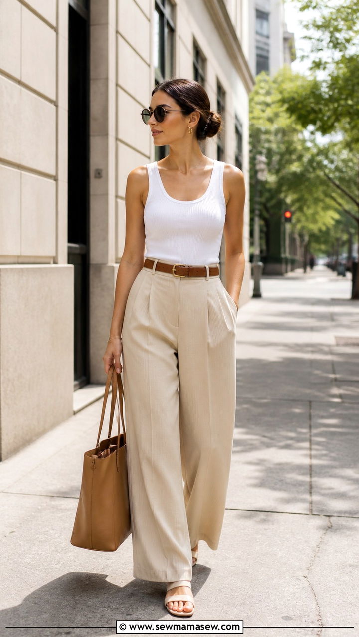 White Ribbed Tank with Beige Wide Leg Trousers - 40 clean girl outfits