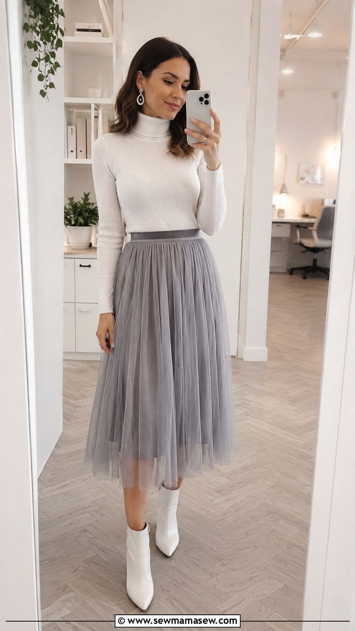 White Ribbed Turtleneck Sweater With Gray Tulle Midi Skirt - 20 Tulle skirt outfit ideas with a sweater