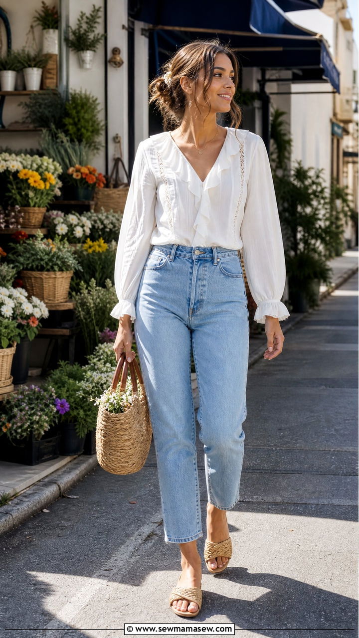 White Ruffled Blouse with Mom Jeans - 30 College outfit ideas cute 2026