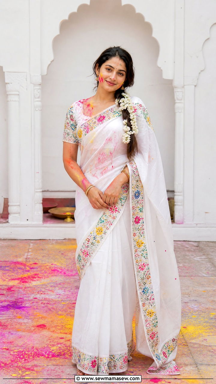 White Saree With Floral Border Holi Outfit - 25 Holi outfit ideas