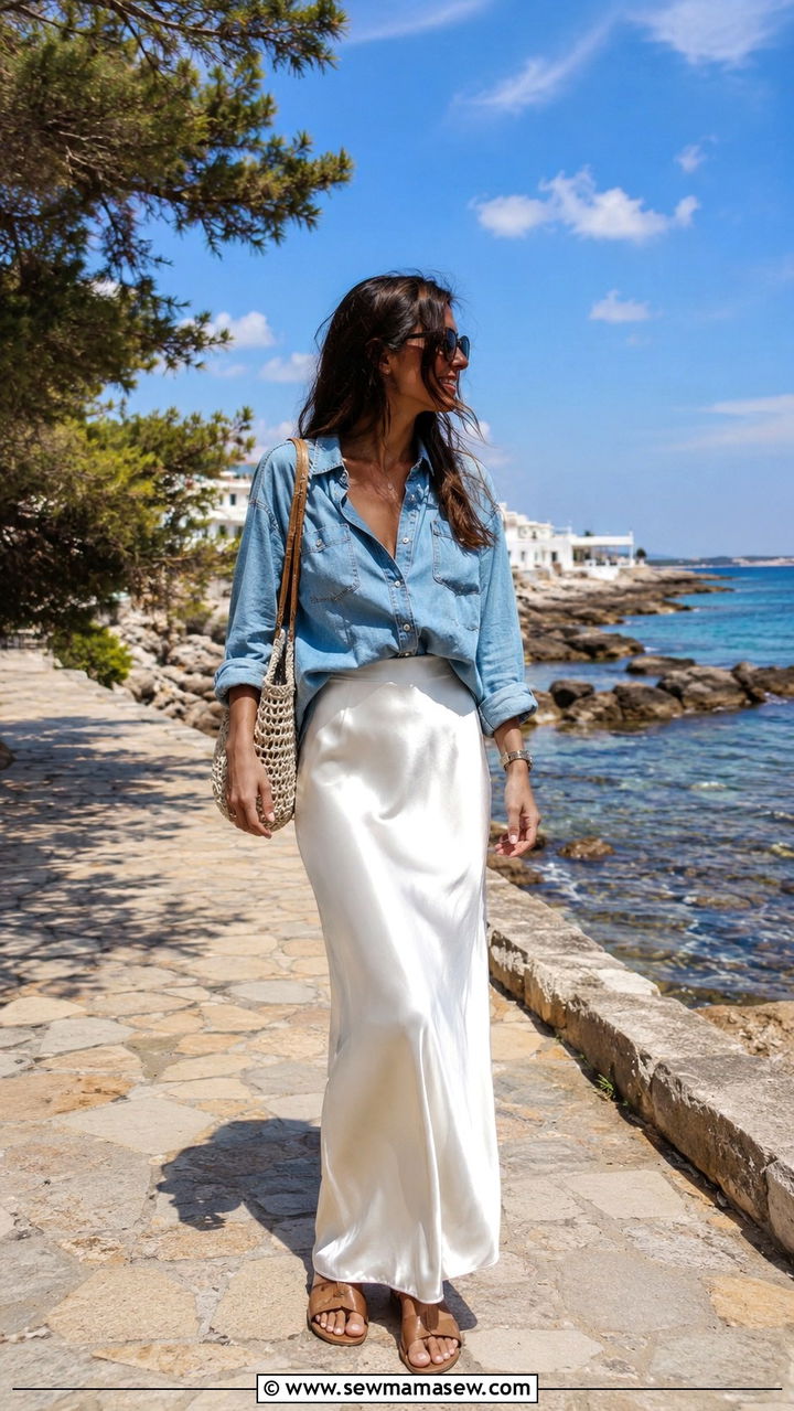 White Satin Maxi Skirt With Denim Shirt and Flat Sandals - 30 casual satin skirt outfits