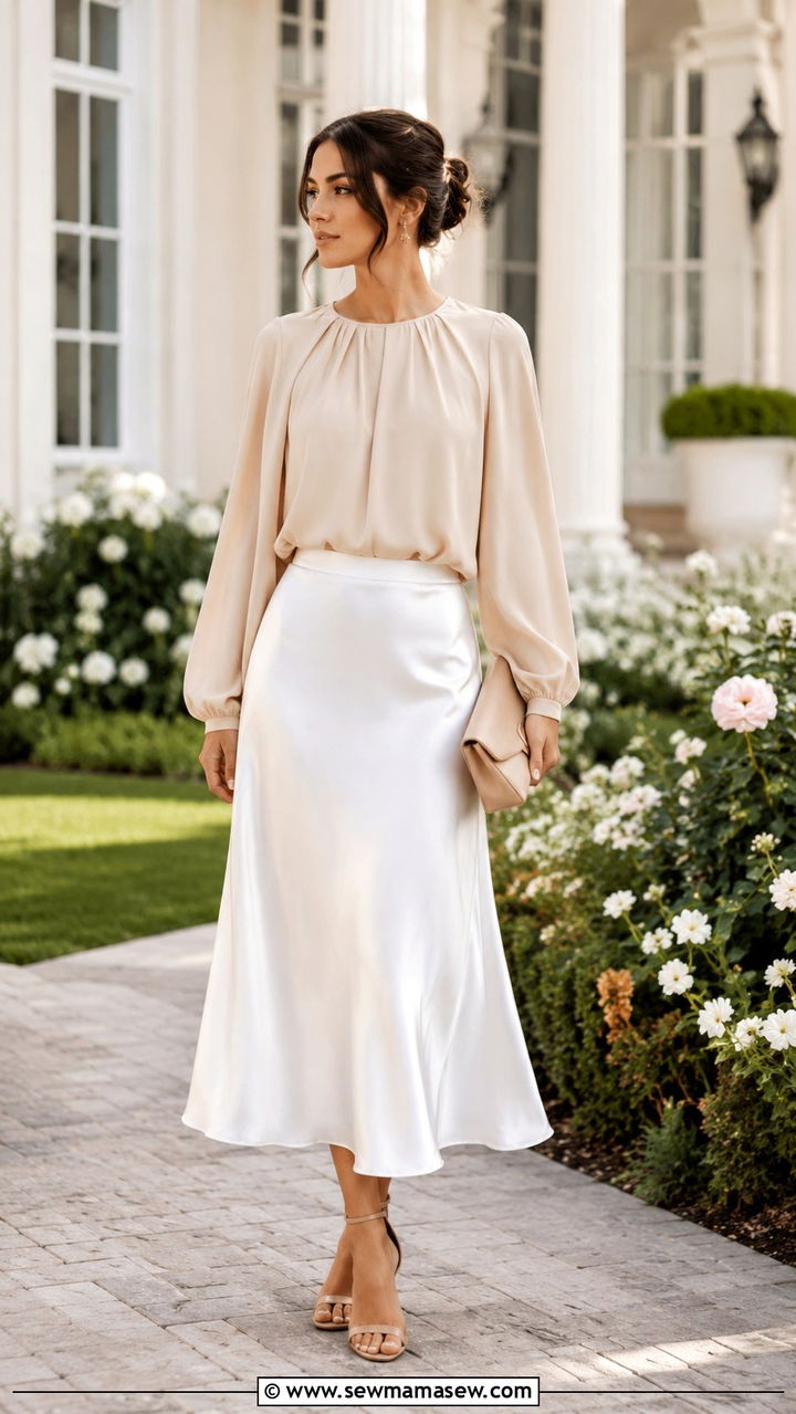 White Satin Skirt with Beige Blouse - 25 outfit ideas for modest women