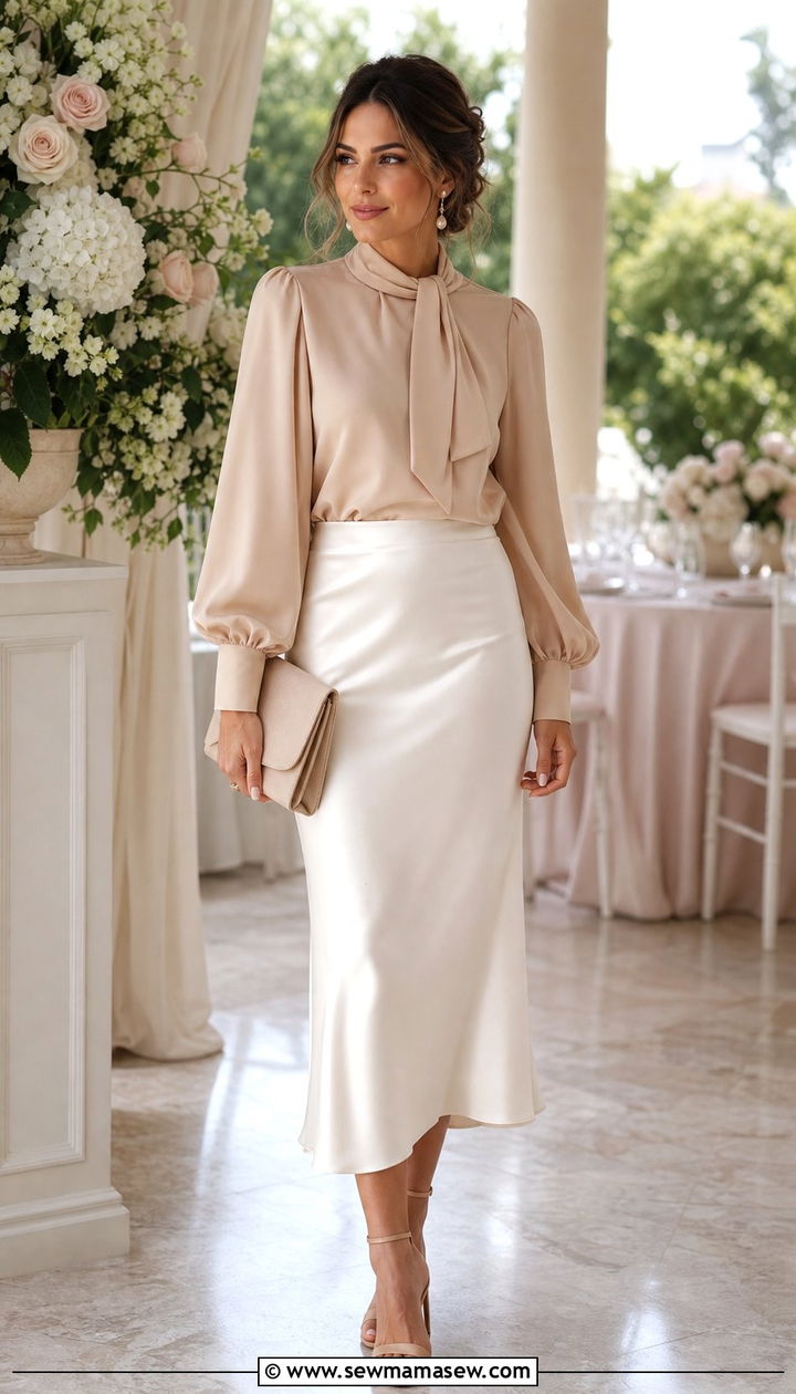 White Satin Skirt with Beige Blouse - 25 classy outfits for modest women