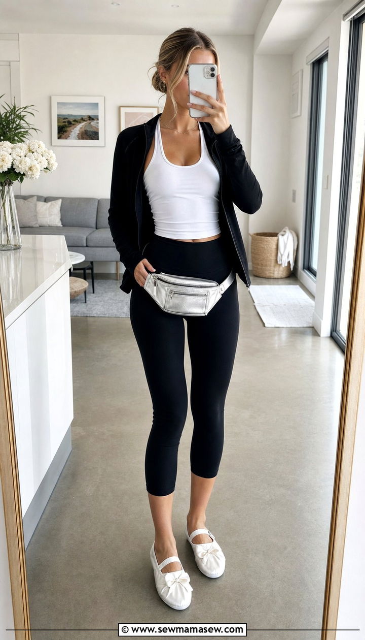 White Satin Sneakerinas With Cropped Leggings And Zip Up Jacket - 25 Sporty chic outfit ideas ballet
