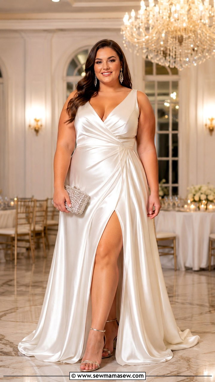 White Satin V Neck Gown for Evening Dinner - 30 plus size dinner outfit ideas