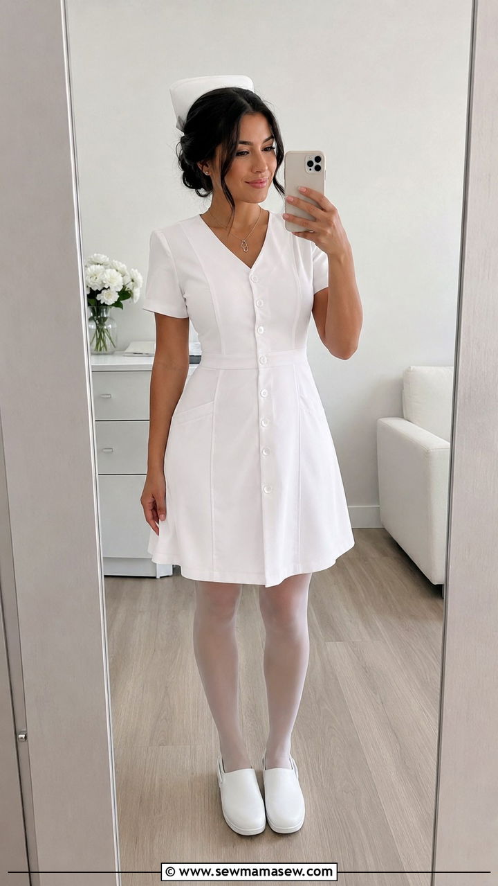 White Scrub Dress and White Nursing Shoes - 25 Nursing school graduation outfit ideas