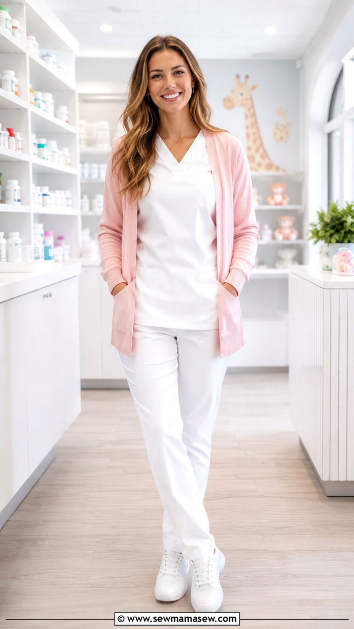 White Scrubs with Pink Cardigan Pharmacist Outfit - 25 Pharmacist outfit ideas