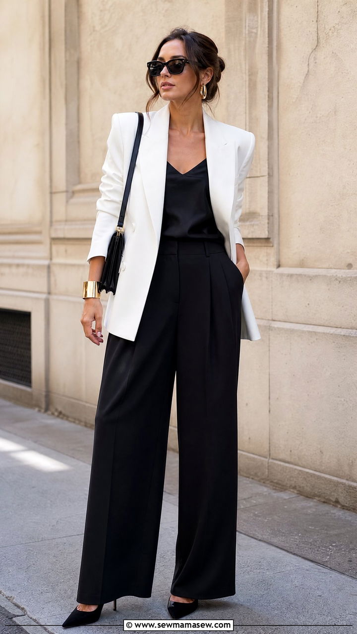 White Sculpted Blazer With Wide Leg Trousers Outfit - 35 glamoratti outfits for women