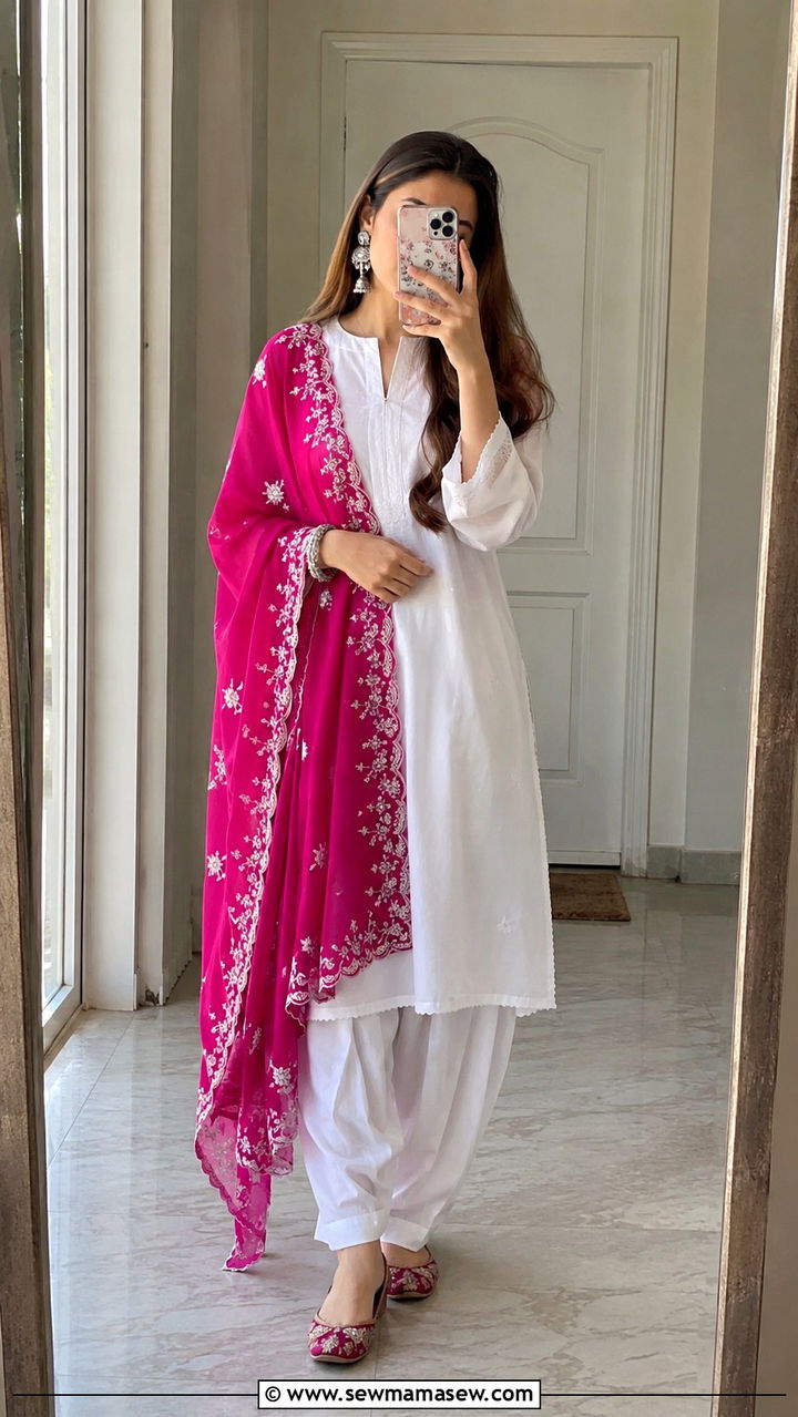 White Shalwar Kameez with Bold Dupatta - 30 Karachi outfit ideas