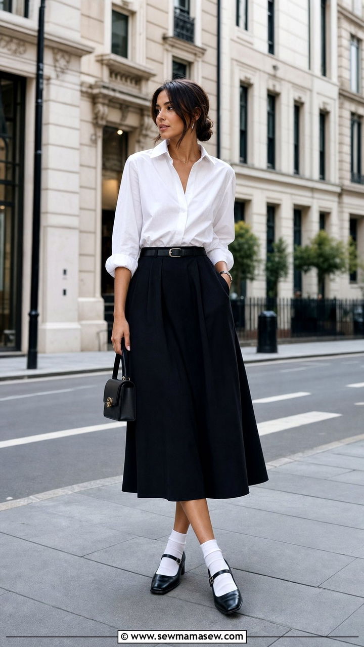 White Shirt And Black Midi Skirt With Mary Janes - 25 Summer outfits with mary janes