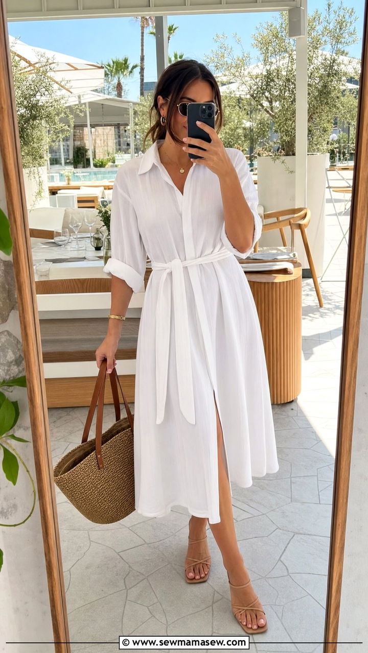 White Shirt Dress With Strappy Sandal Heels - 25 Shirt dress outfit ideas with heels