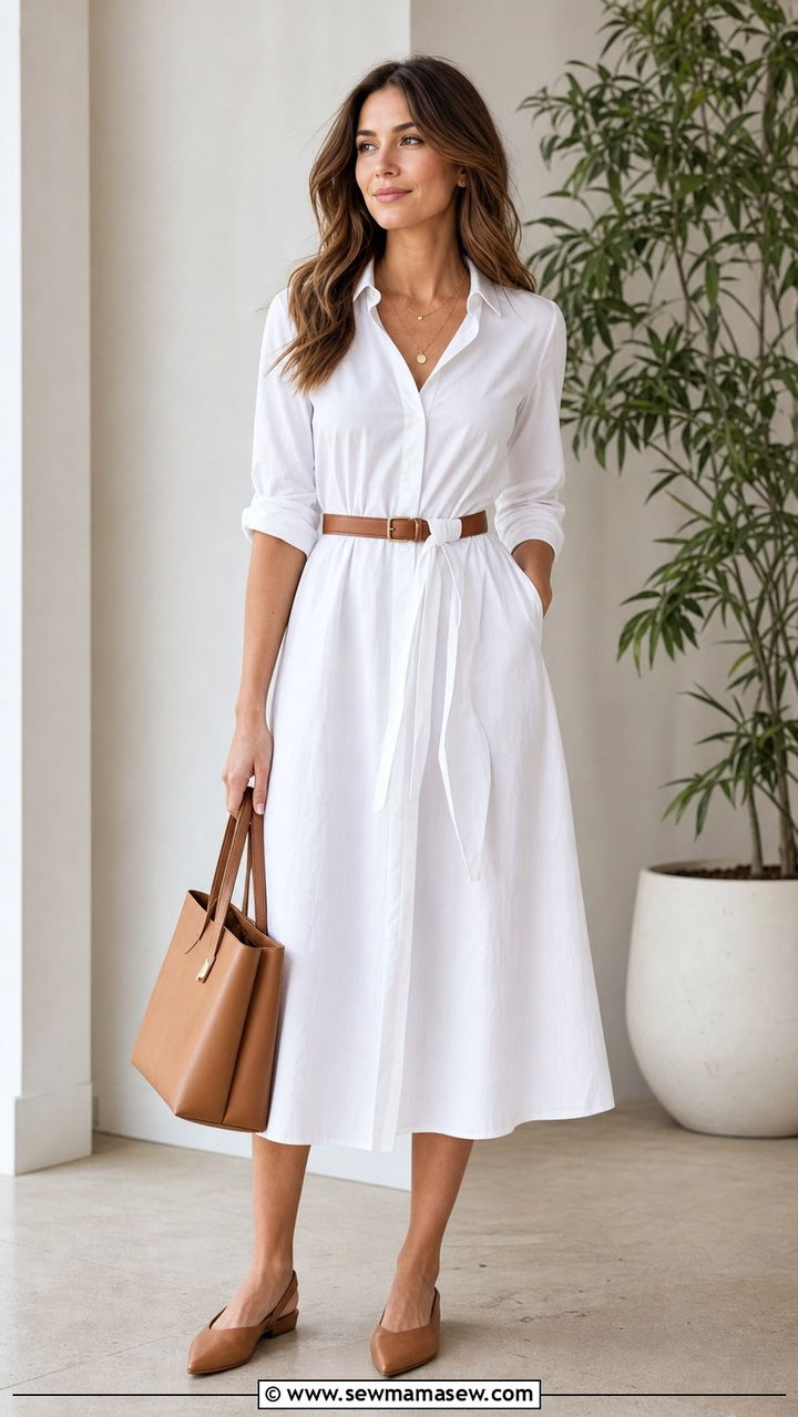 White Shirt Dress With Tan Leather Accessories Office Look - 25 Clean girl work outfit ideas