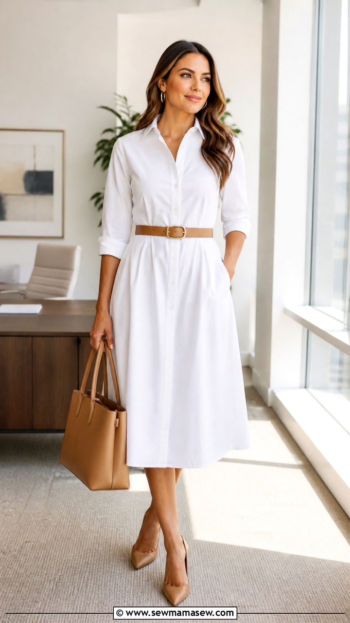 White Shirt Dress with Tan Belt and Tote - 40 classy work outfits
