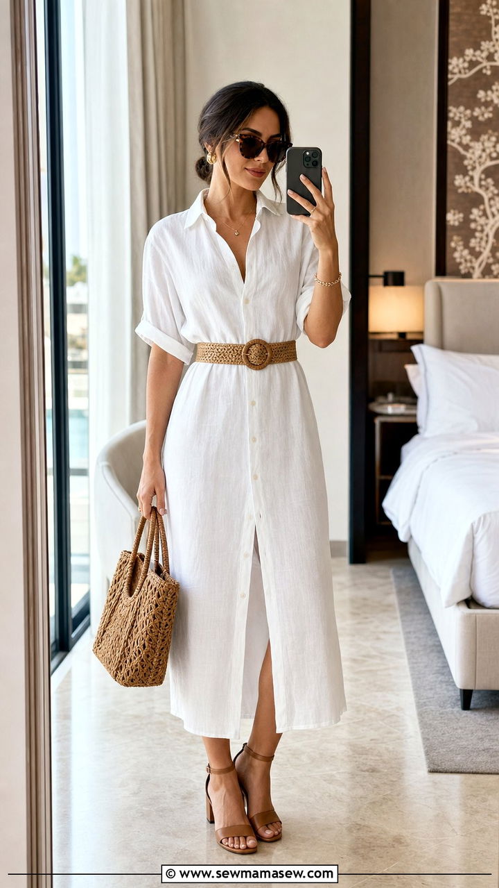 White Shirt Dress with Woven Belt and Heeled Sandals - 25 Summer outfits for skinny women